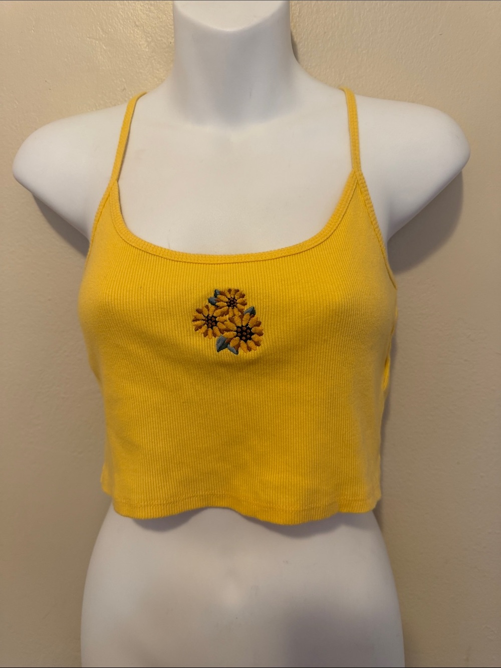 Hollister Yellow Ribbed Sunflower Embroidered Crop Top